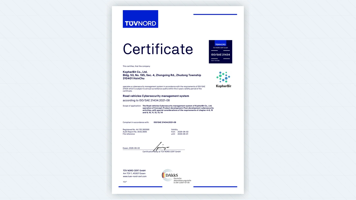 KopherBit 取得 ISO/SAE 21434 證書