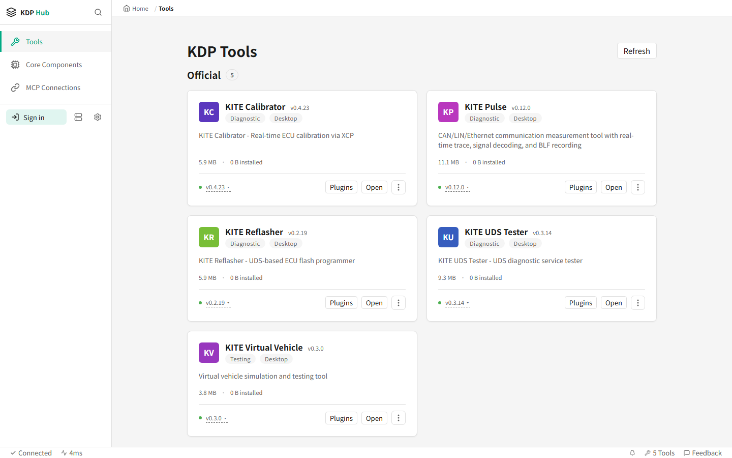 KDP Hub 工具目錄，顯示 KITE 工具的版本、安裝狀態與啟動操作