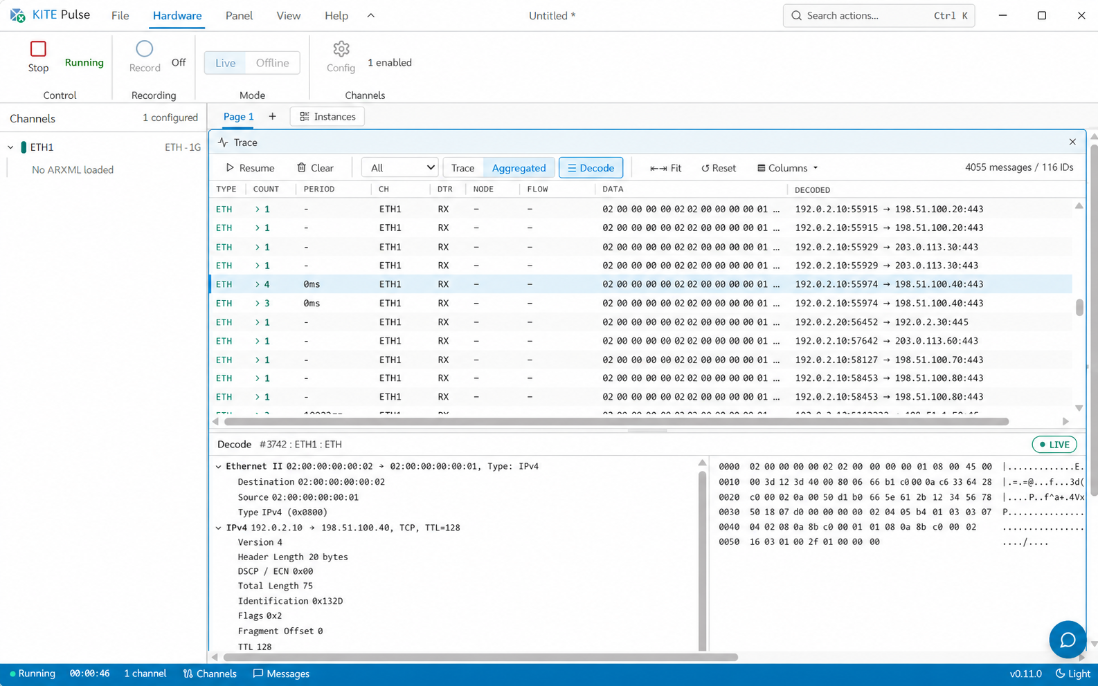 KITE Pulse 實際 Automotive Ethernet Trace 畫面，包含 Aggregated traffic、IPv4 TCP 分層 Decode 與 Hex payload；網路識別資訊已匿名化