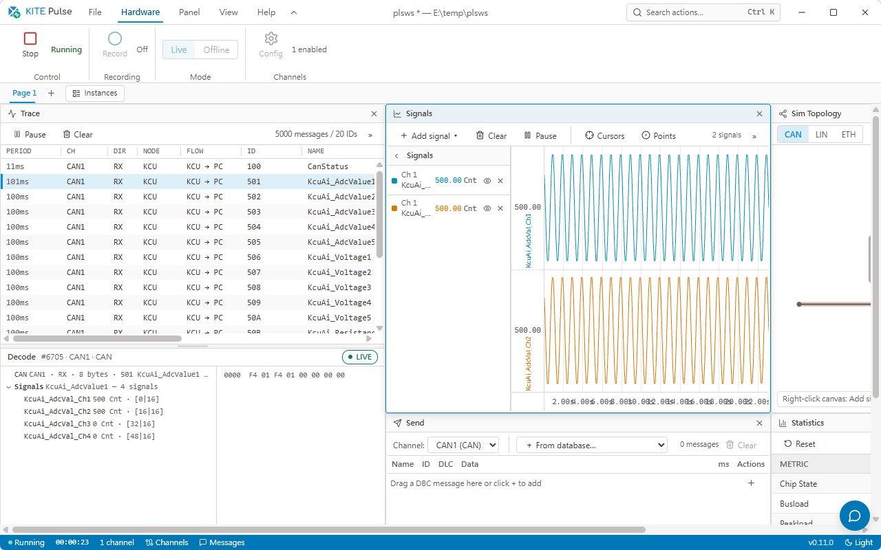 KITE Pulse 實際即時量測畫面，包含 CAN Trace、訊號圖、封包解碼、Send、Simulation Topology 與 Statistics