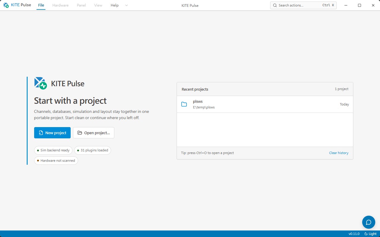 KITE Pulse 實際專案入口畫面，包含新增專案、開啟專案、Recent Projects、Simulation Backend 與 Plugin 狀態