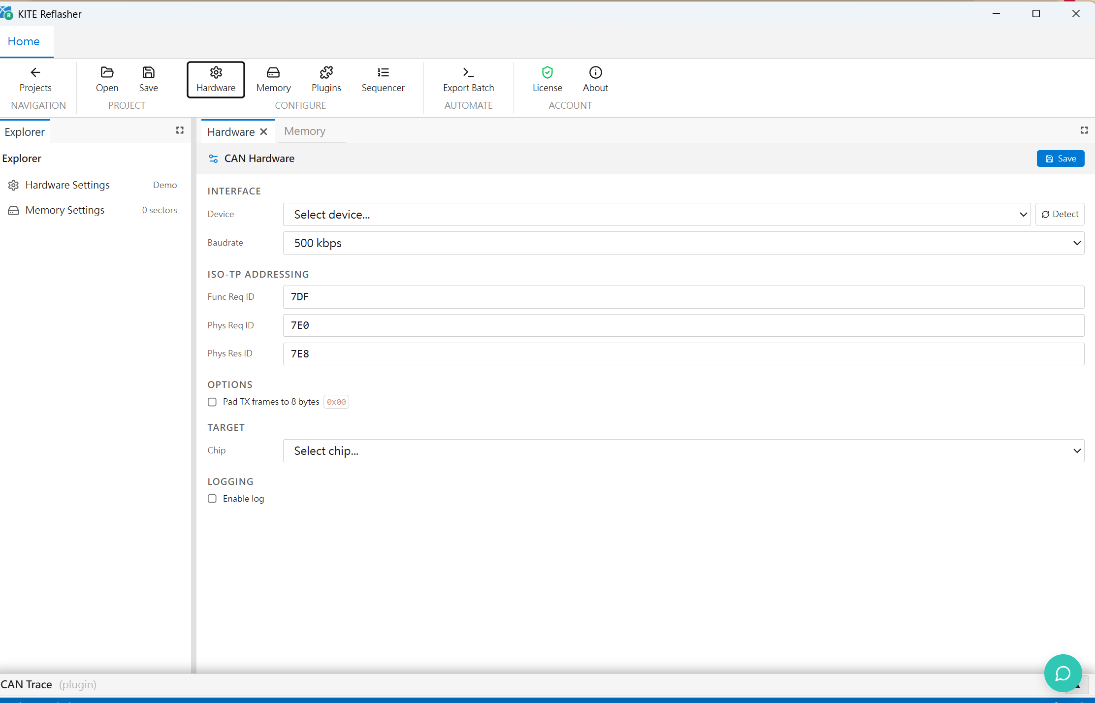 KITE Reflasher 實際 CAN Hardware 設定畫面，包含裝置、Baudrate、ISO-TP Addressing 與目標晶片設定