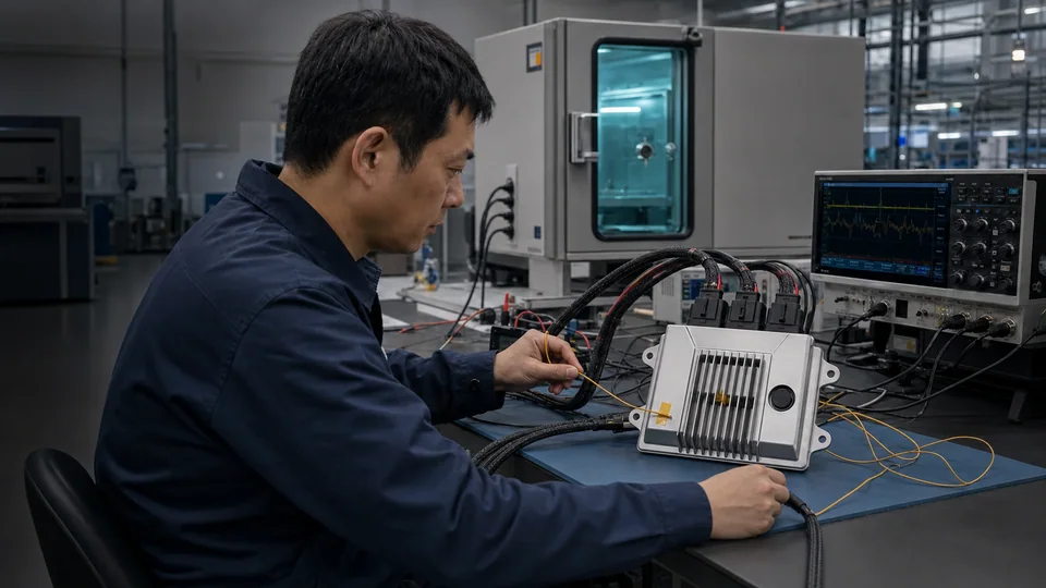 Taiwanese engineer performing thermal and electronic load validation on an automotive controller